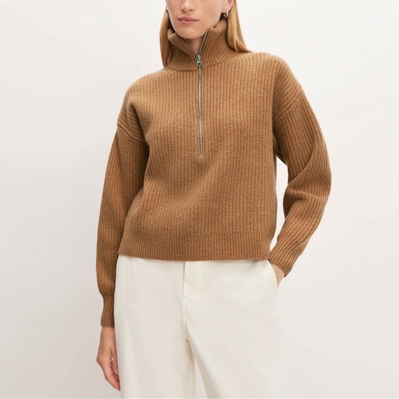 Everlane Felted Merino Wool Half-Zip Sweater in Deep Camel Ribbed Pull Over XS - Picture 2 of 13